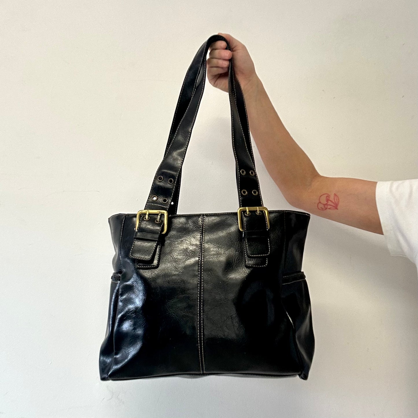 black double buckle faux leather shoulder bag