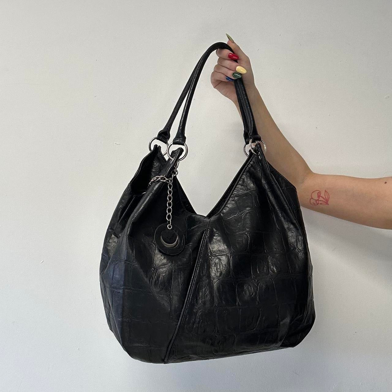 black faux leather croc effect shoulder bag