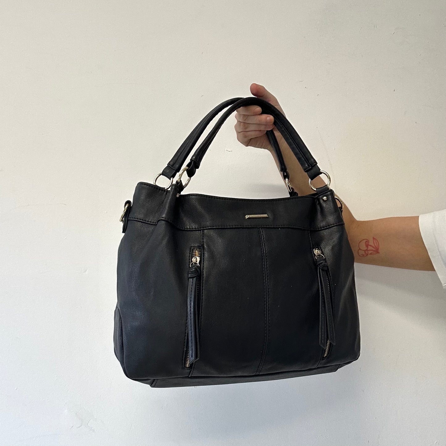 navy blue double zip faux leather shoulder bag
