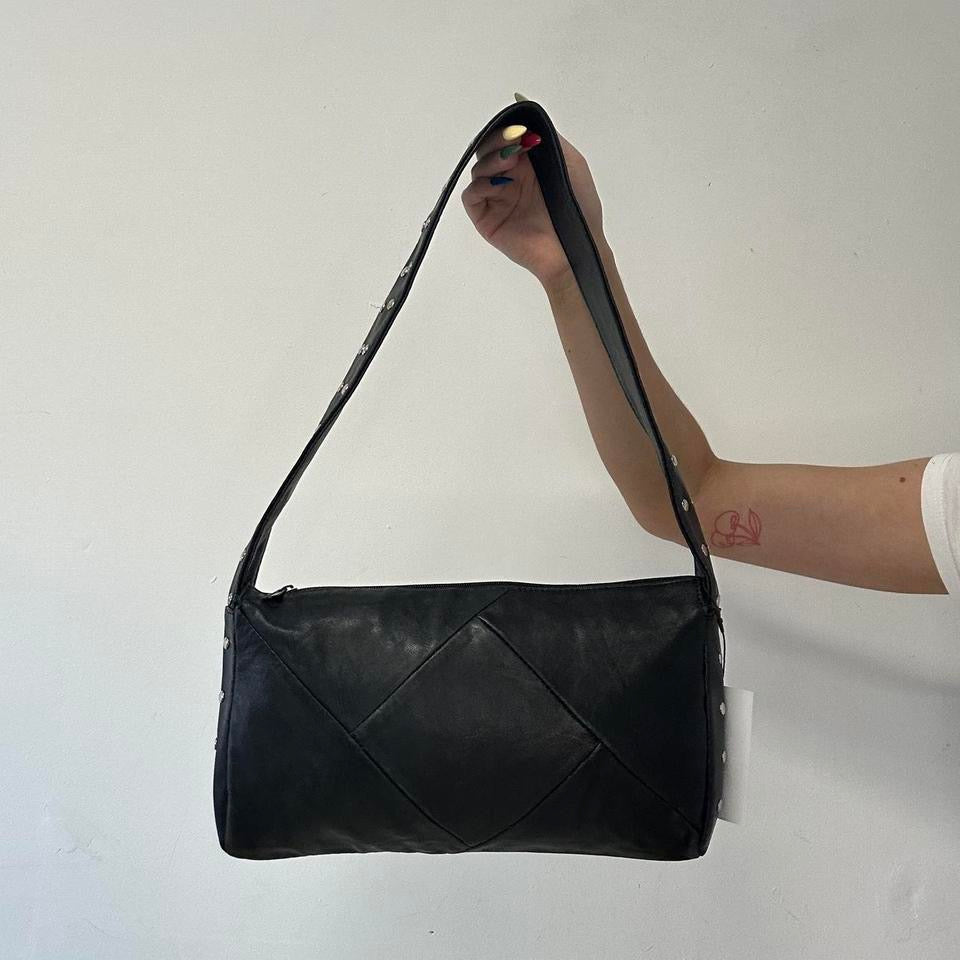 black faux leather studded shoulder bag