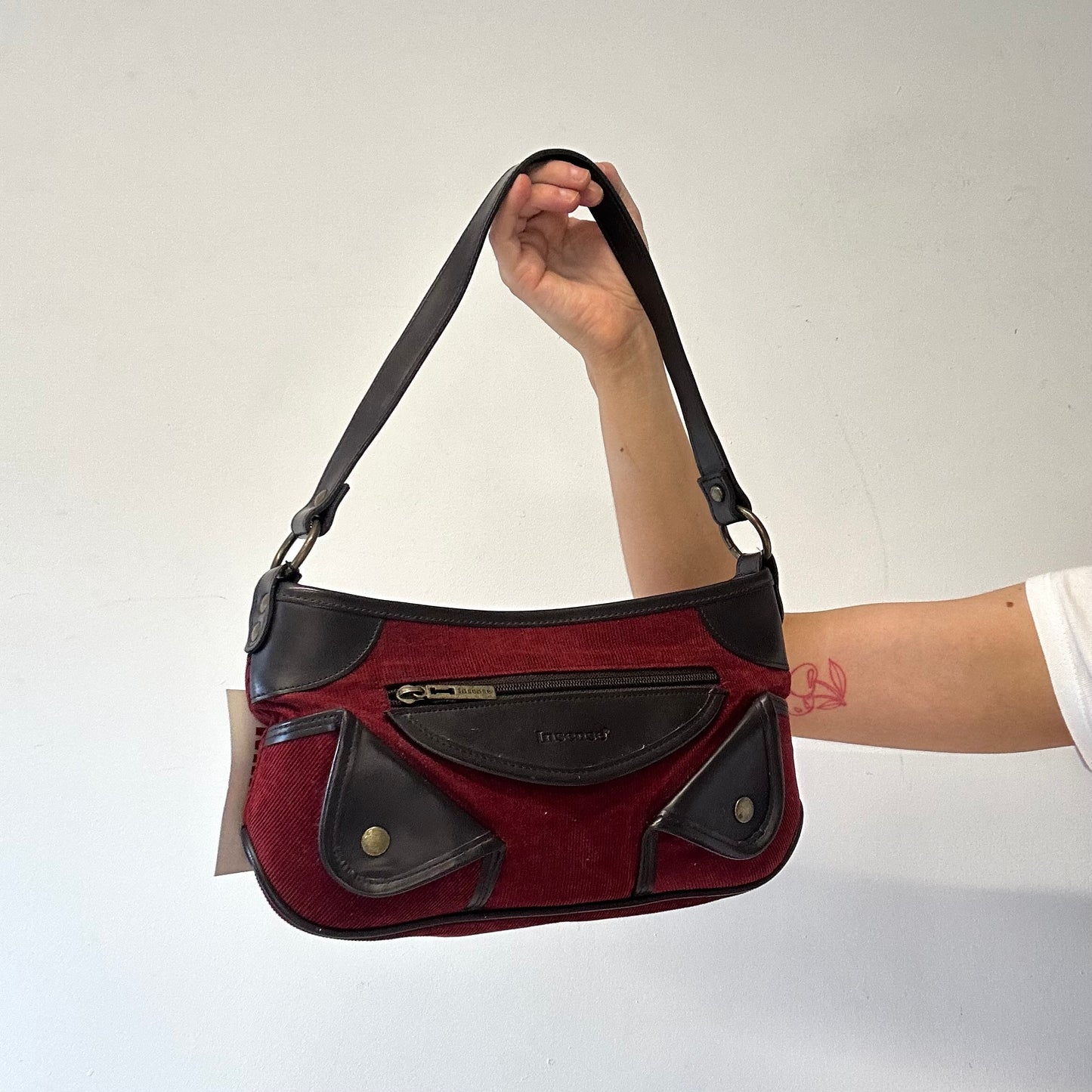 red corduroy faux leather pocket shoulder bag