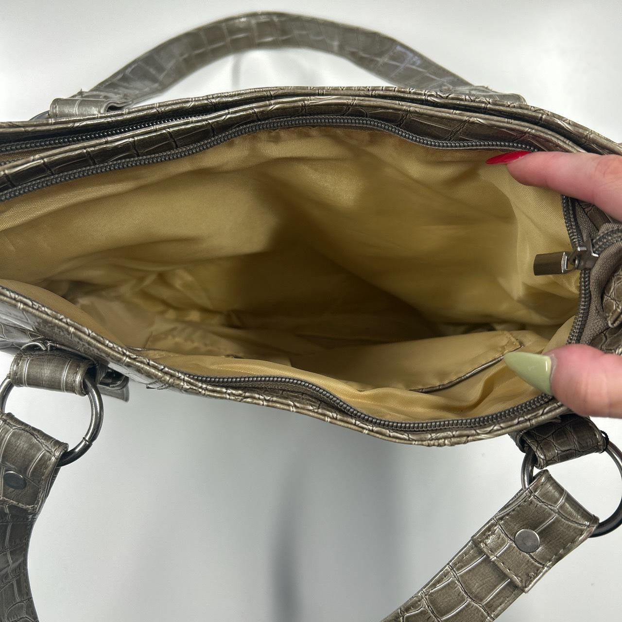 khaki metallic croc effect faux leather shoulder bag