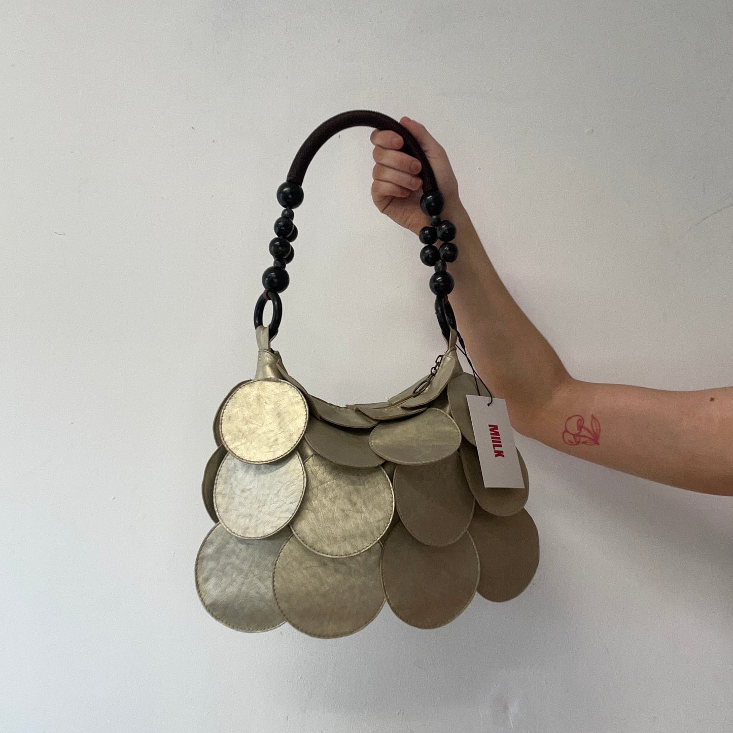gold mini faux leather disc beaded shoulder bag