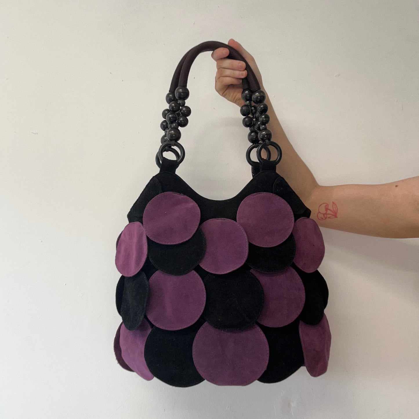 purple and black suede feel disc beaded shoulder bag