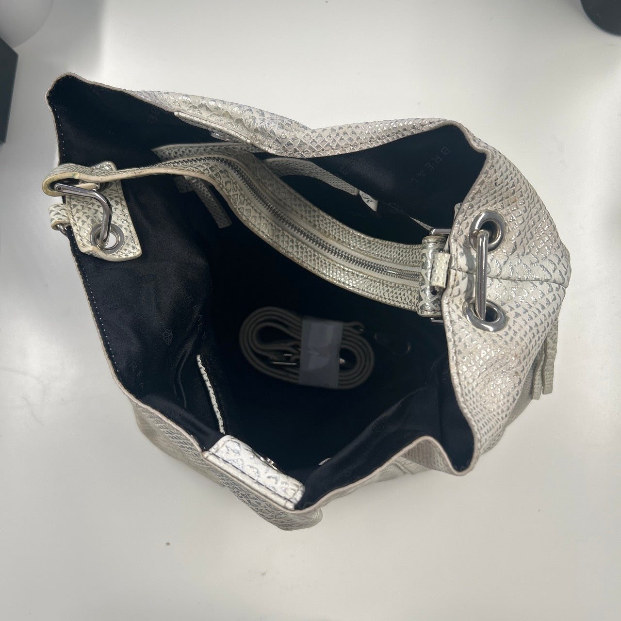 white and silver croc effect faux leather shoulder bag