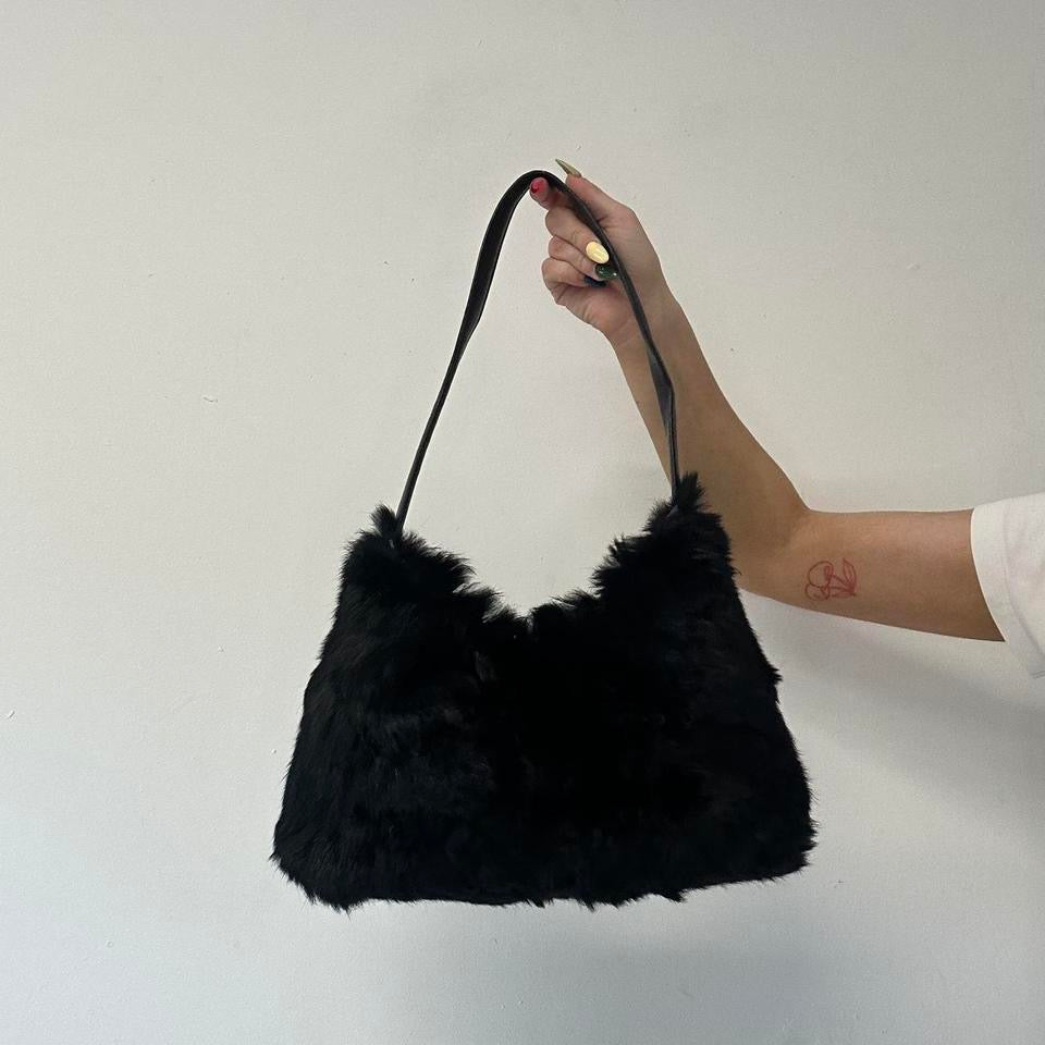 black faux fur studded floral shoulder bag