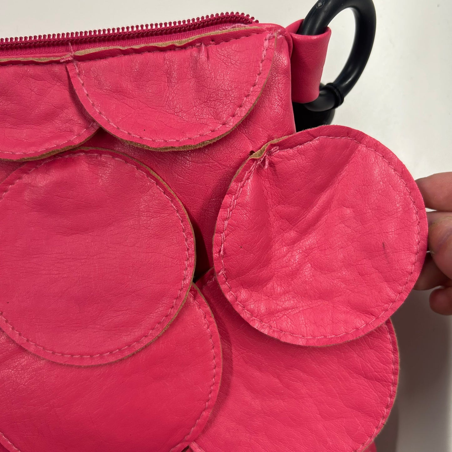 pink faux leather disc beaded shoulder bag