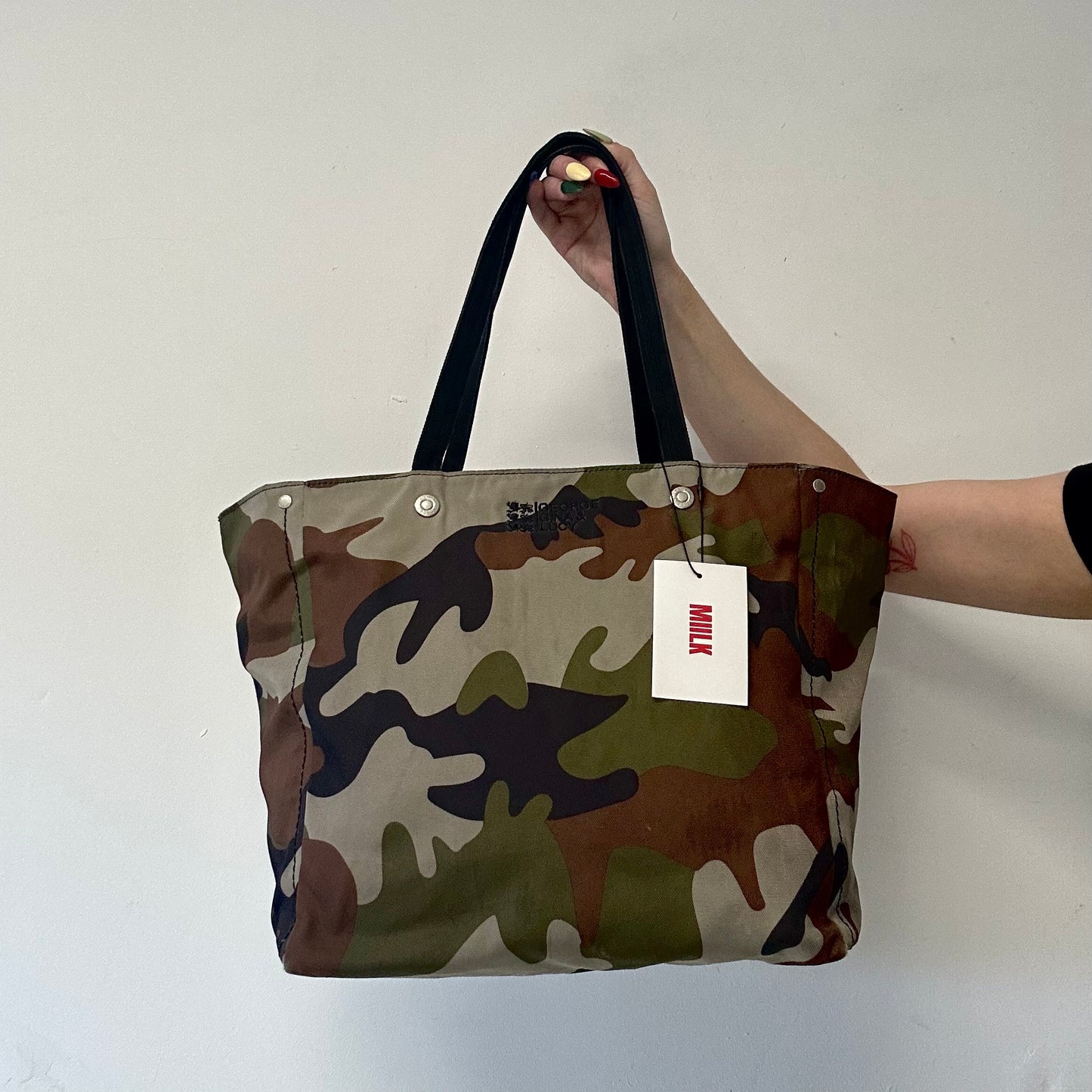 green camouflage george gina and lucy studded canvas shoulder bag
