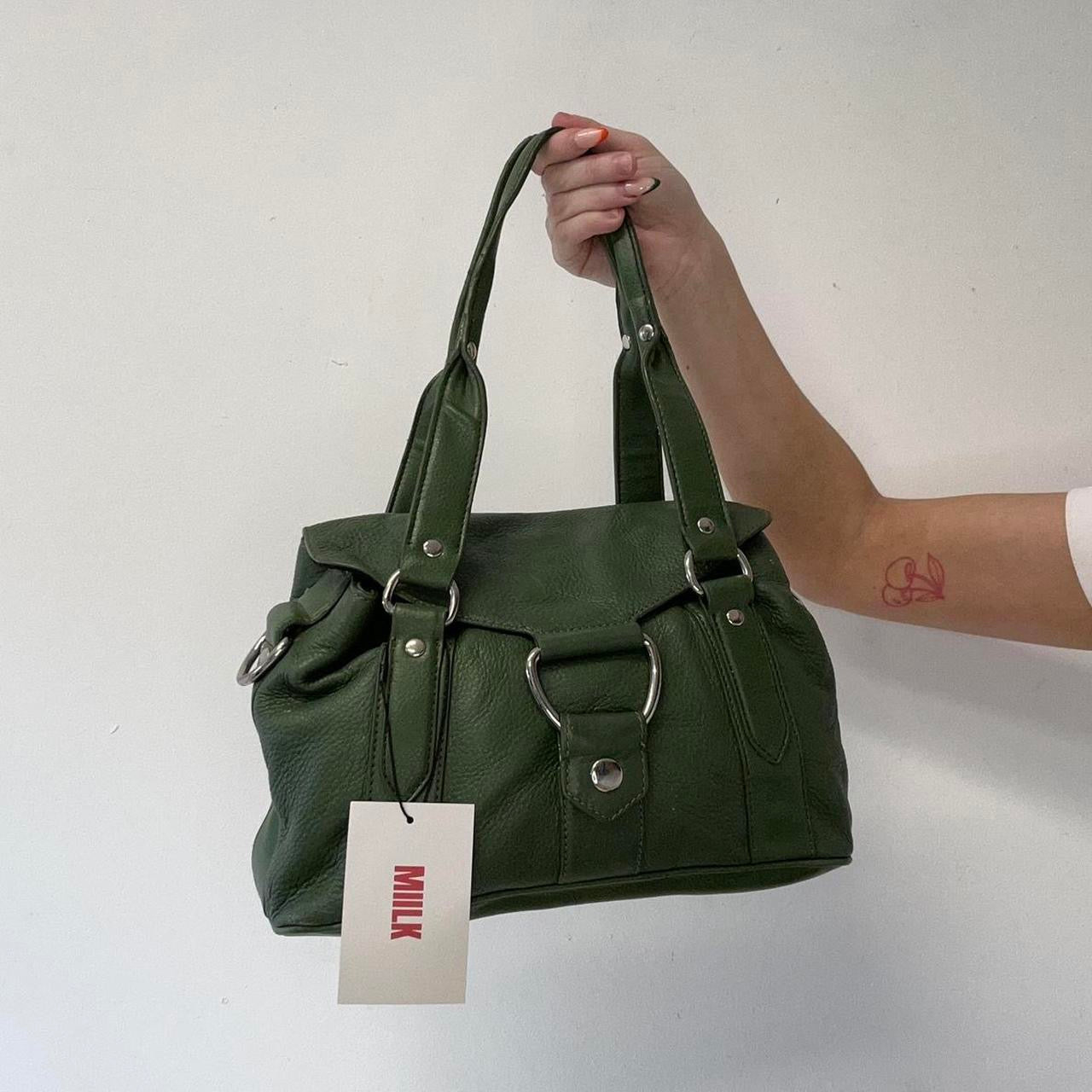 green genuine leather buckle shoulder bag