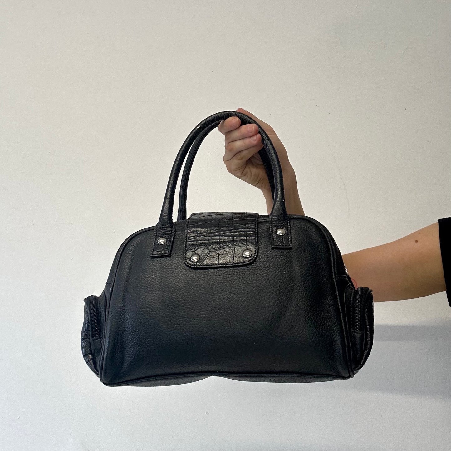 black genuine leather buckle shoulder bag