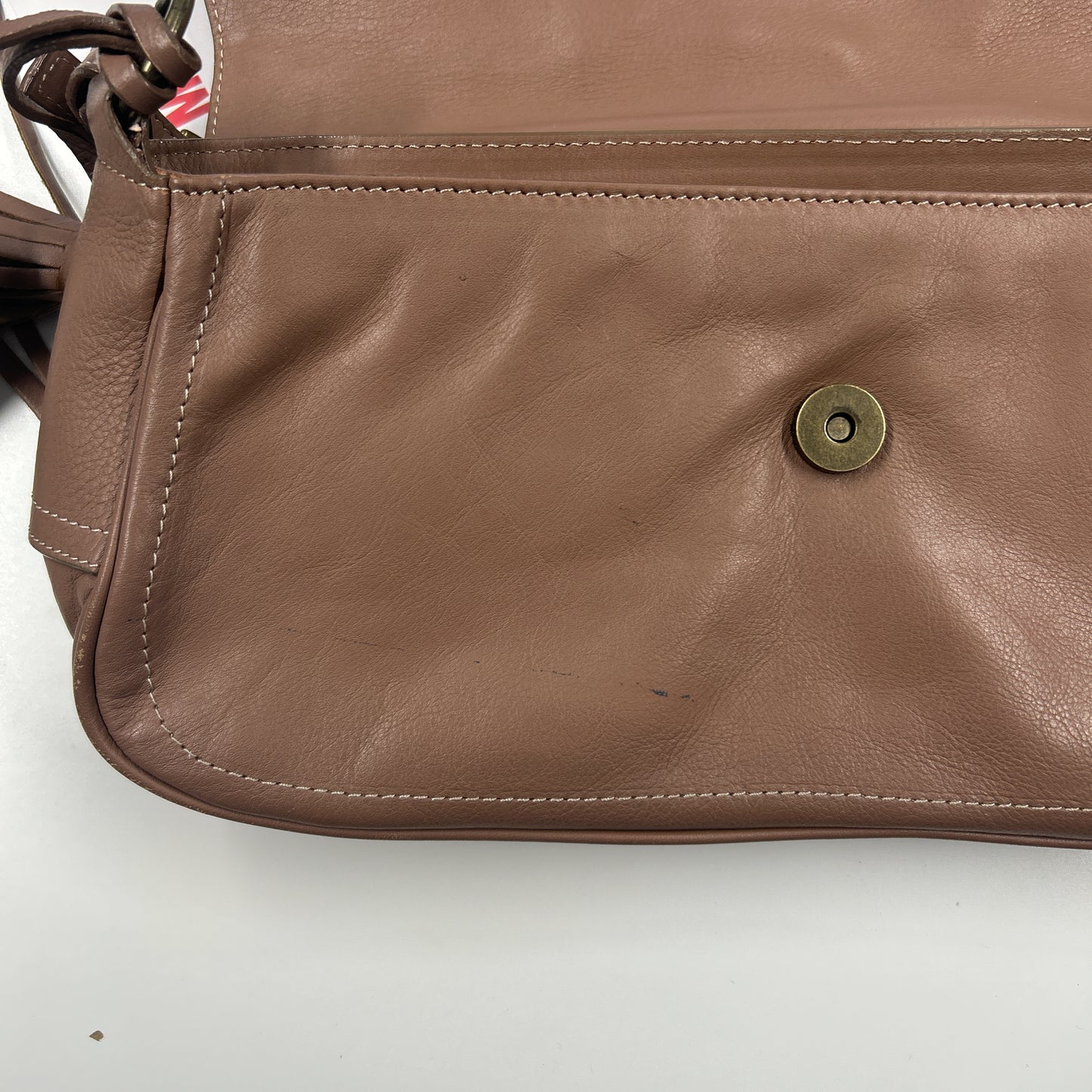tanned brown studded buckle faux leather shoulder bag