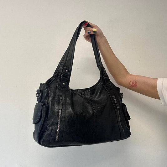black faux leather croc double zip shoulder bag
