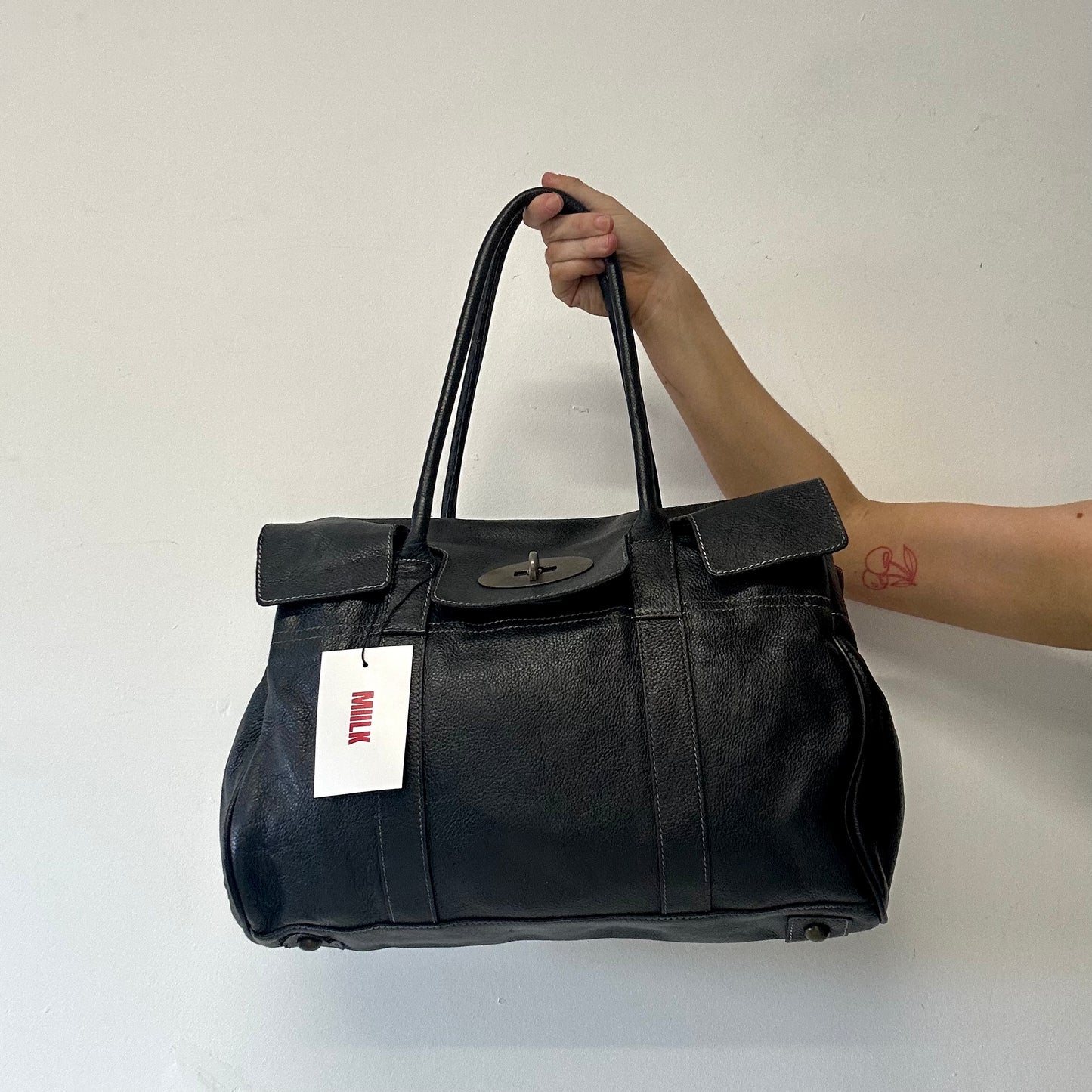black genuine leather buckle shoulder bag