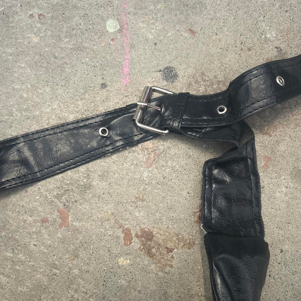 black faux leather oversized belt shoulder bag