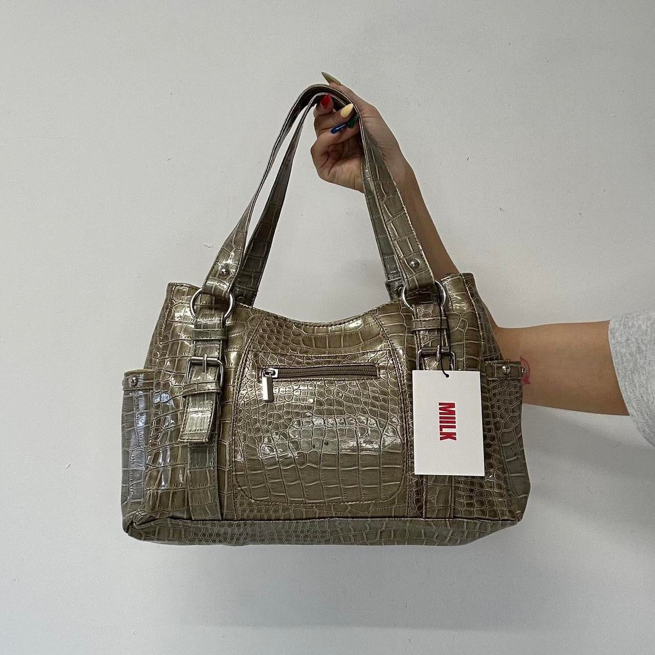 khaki metallic croc effect faux leather shoulder bag