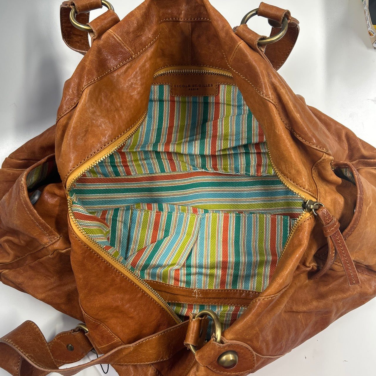 tanned brown large blue genuine leather shoulder bag