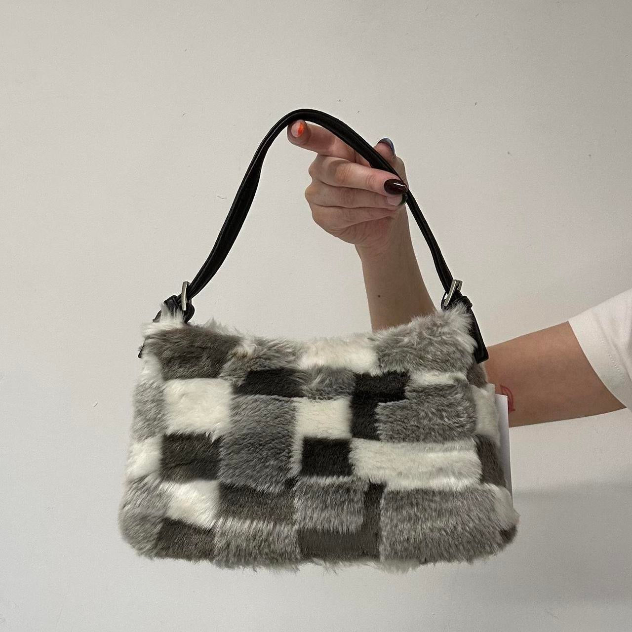 grey and white fluffy shoulder bag