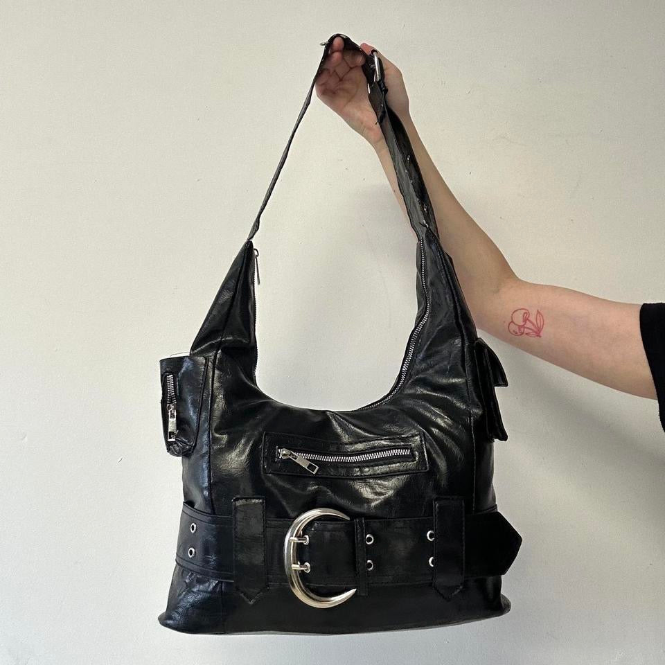 black faux leather oversized belt shoulder bag