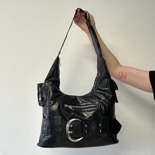 black faux leather oversized belt shoulder bag