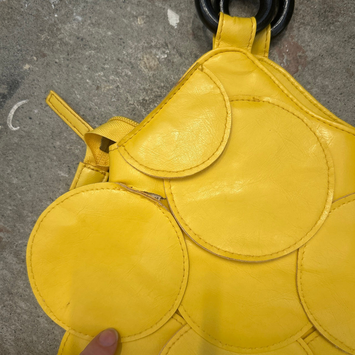 yellow faux leather disc beaded shoulder bag