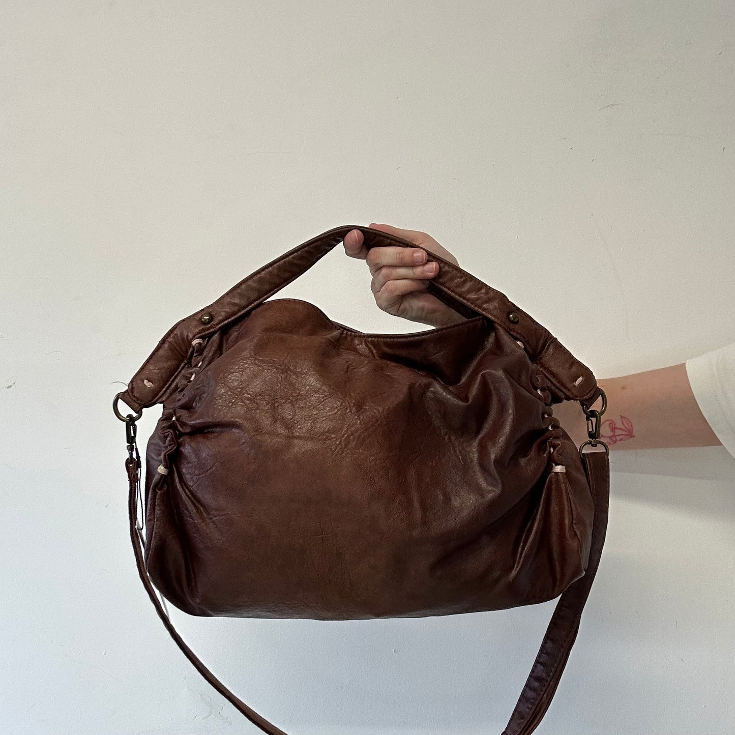 brown patchwork genuine leather zip shoulder bag