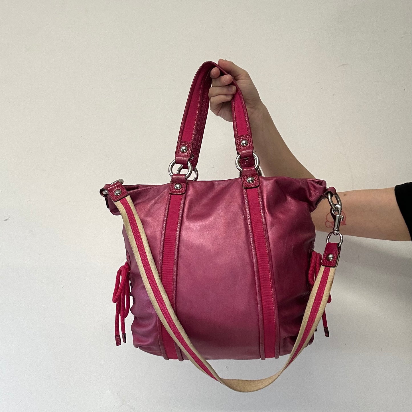 hot pink metallic shoulder bag