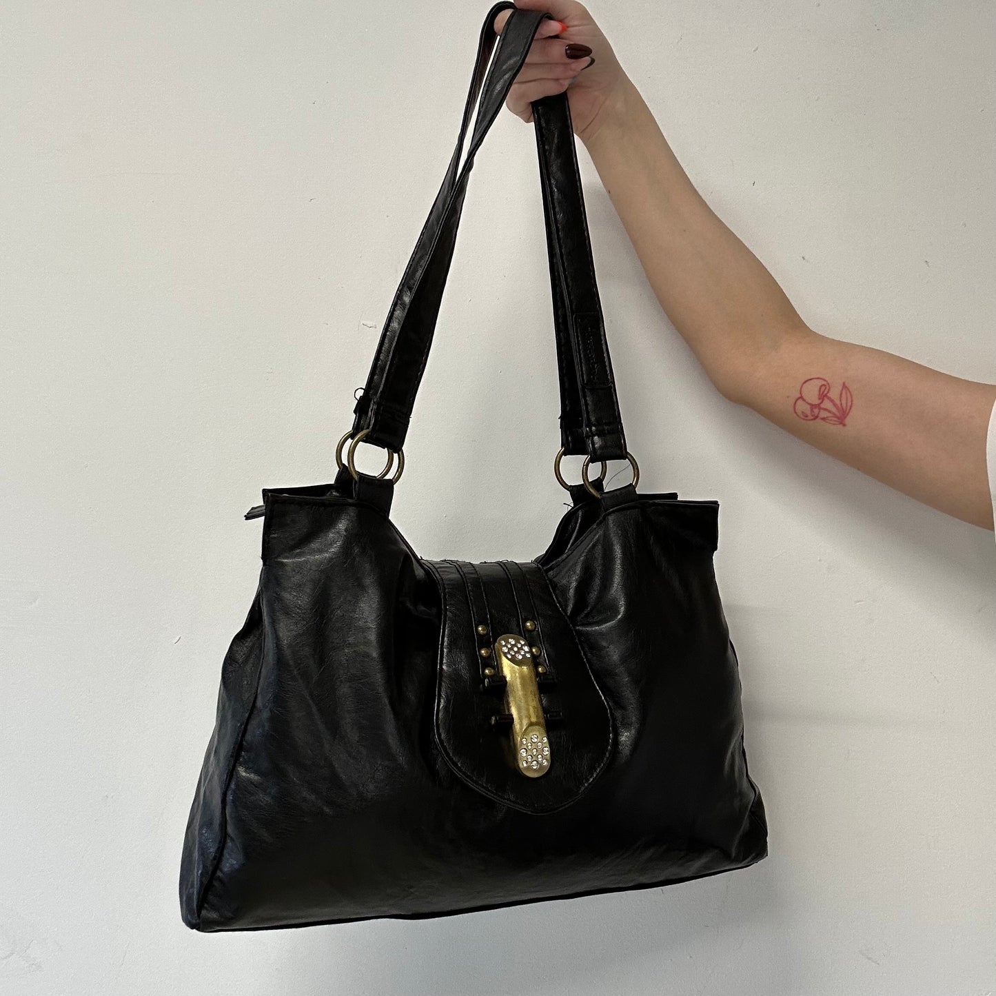 black faux leather studded buckle shoulder bag