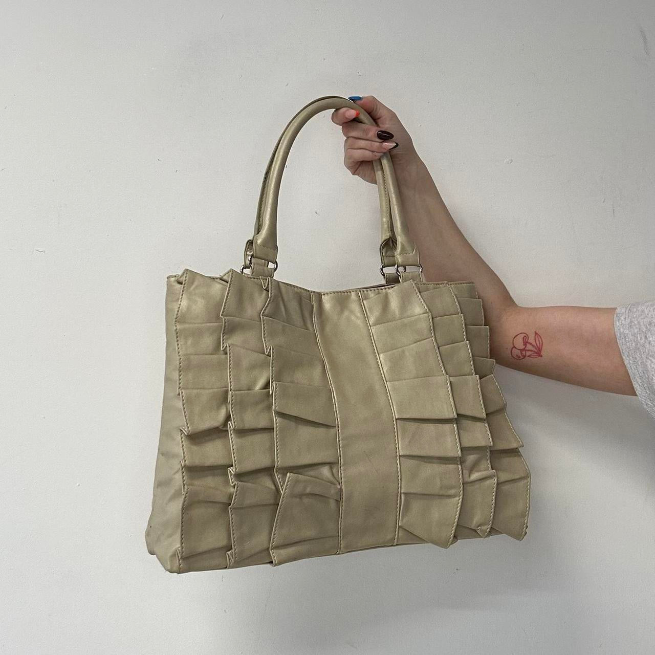 cream metallic pleated ruffled shoulder bag