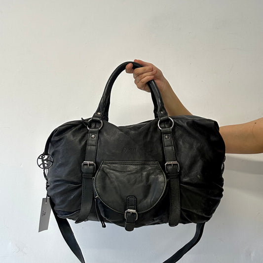 black genuine leather buckle luggage bag