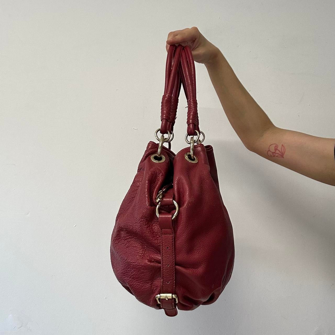 red genuine leather rope handles shoulder bag
