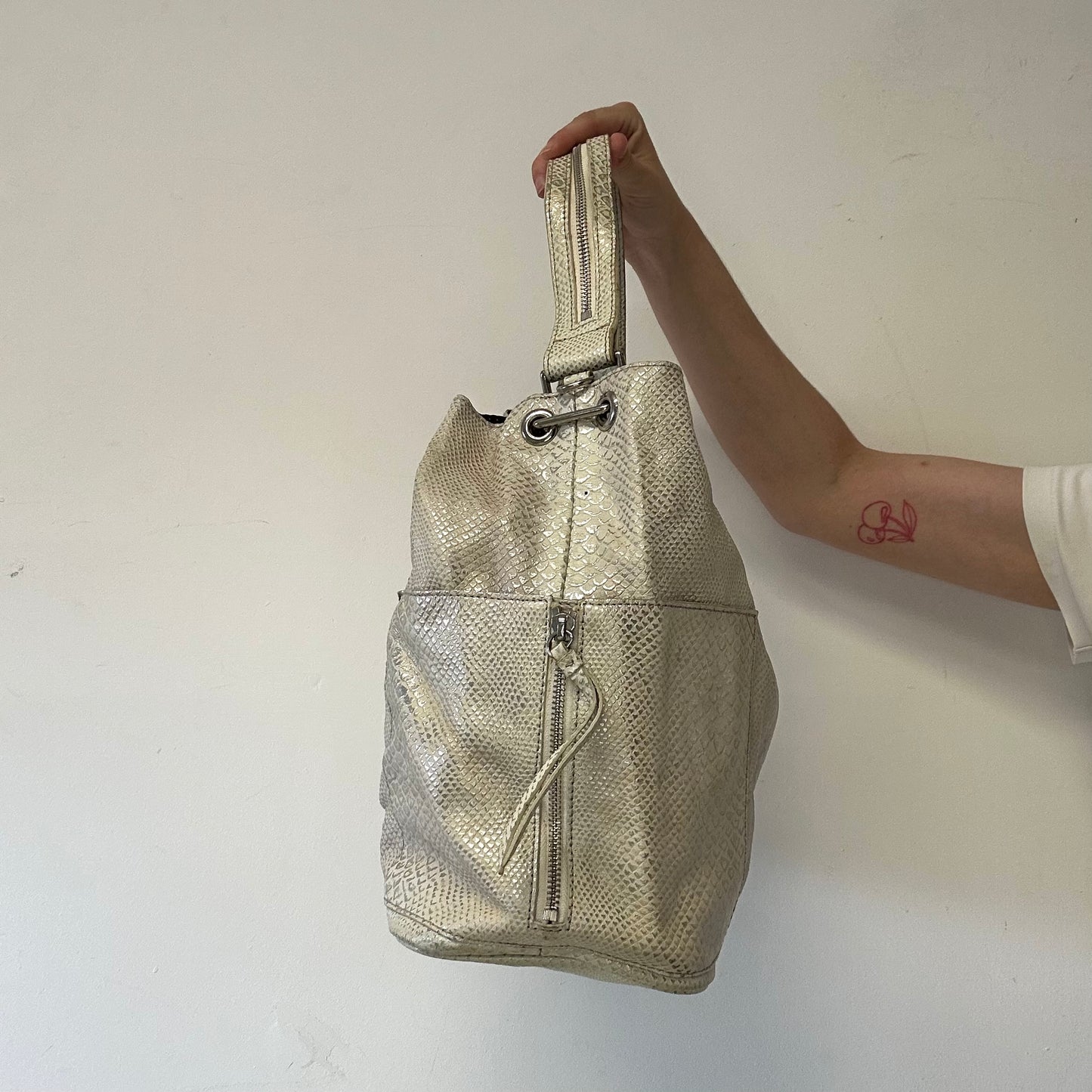white and silver croc effect faux leather shoulder bag