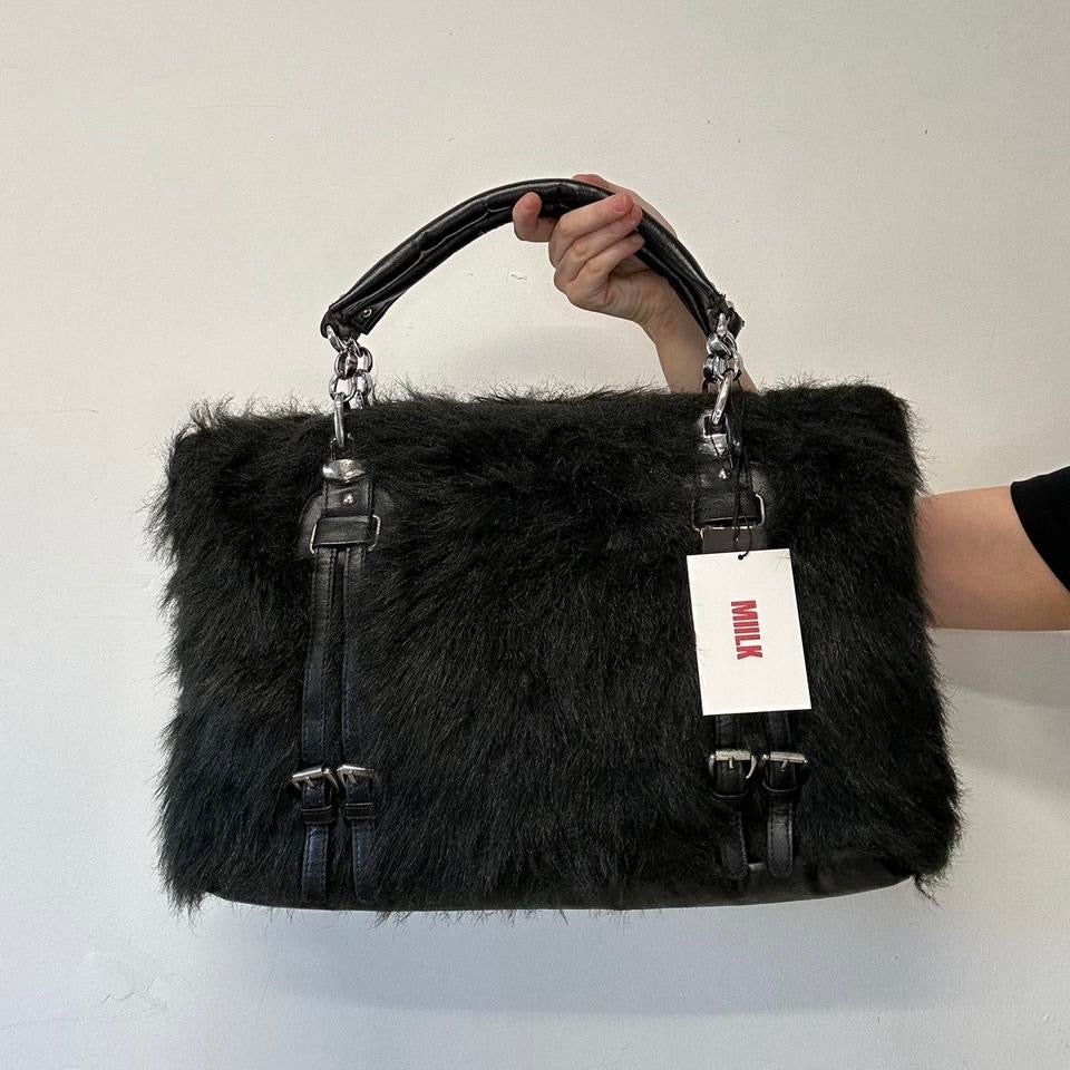 black faux fur buckle handbag