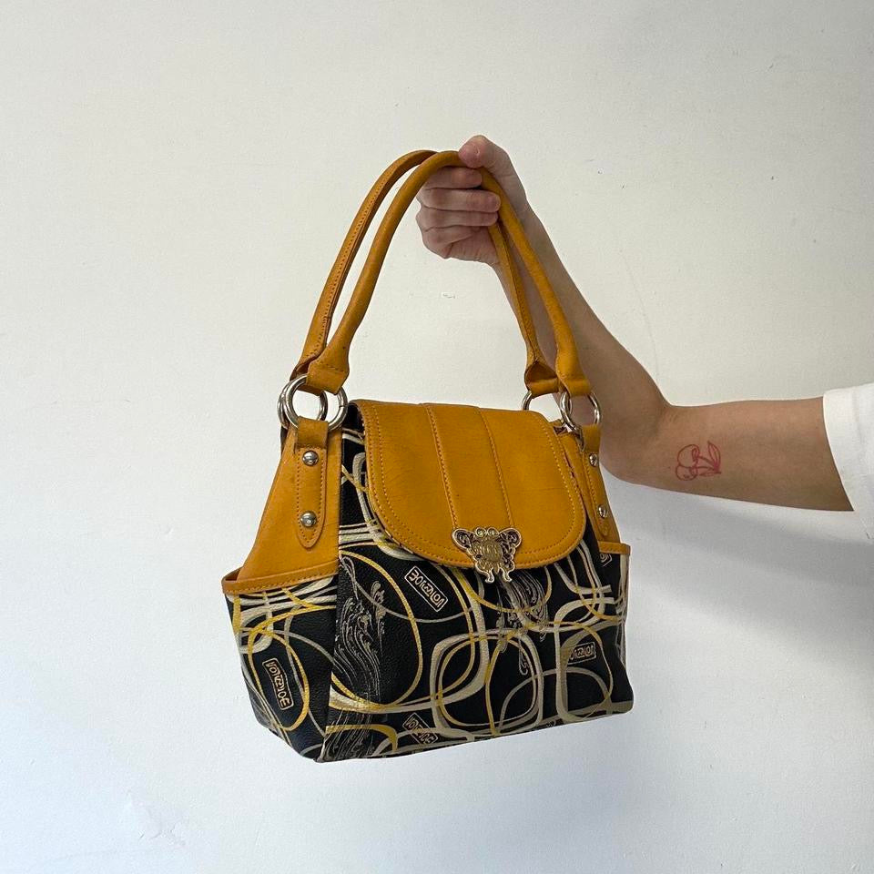yellow and black patterned faux leather shoulder bag