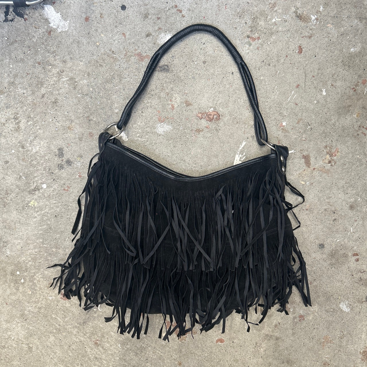 black faux leather fringe tassle shoulder bag