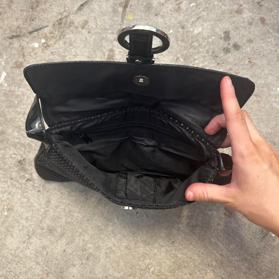 black woven effect oversized buckle shoulder bag