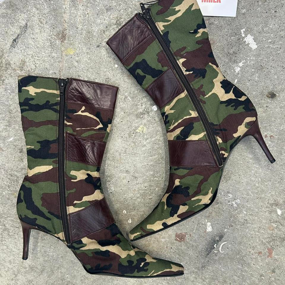 green camouflage studded heeled boots