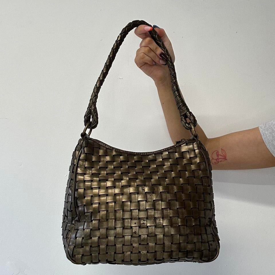bronze faux leather woven shoulder bag