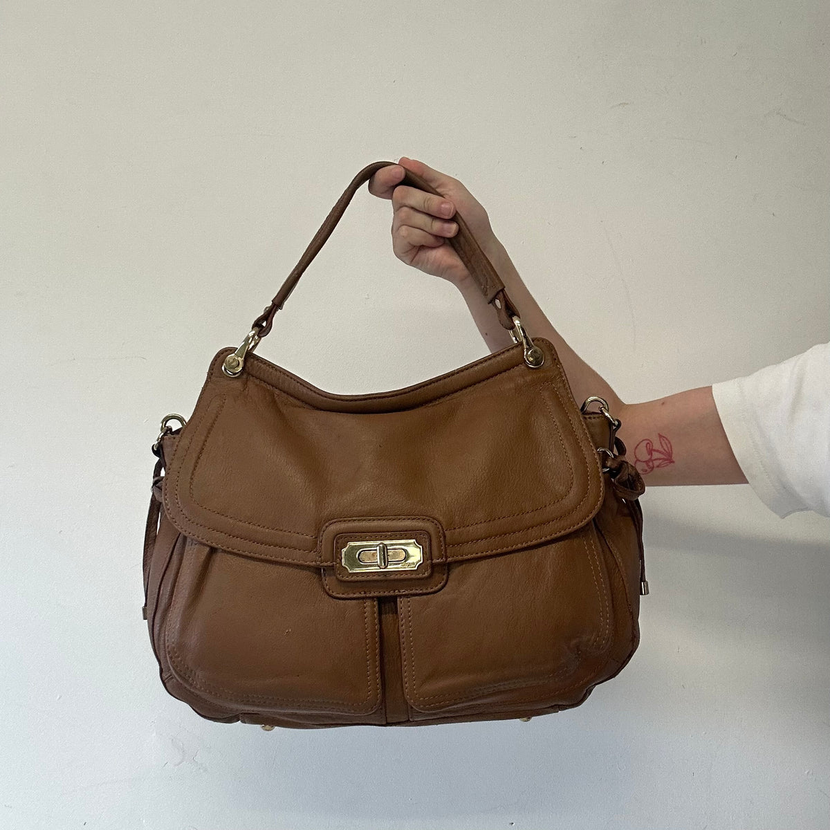 brown sheepskin genuine leather double pocket shoulder bag