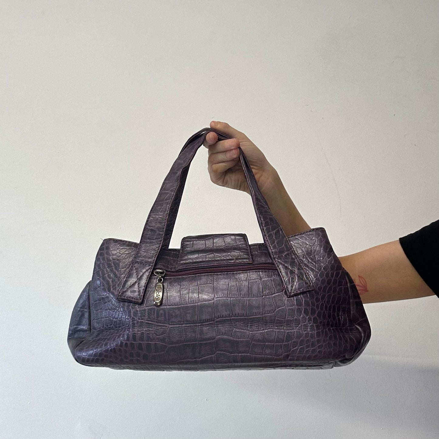 purple croc effect faux leather shoulder bag