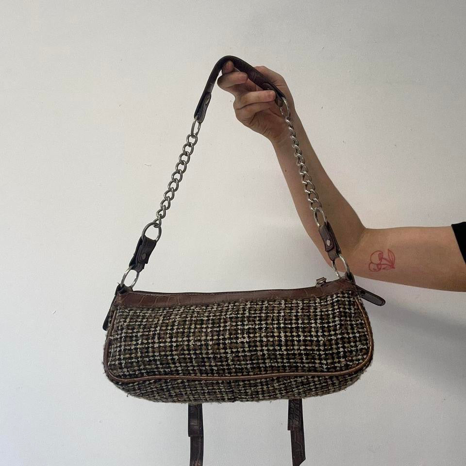 brown plaid double pocket shoulder bag