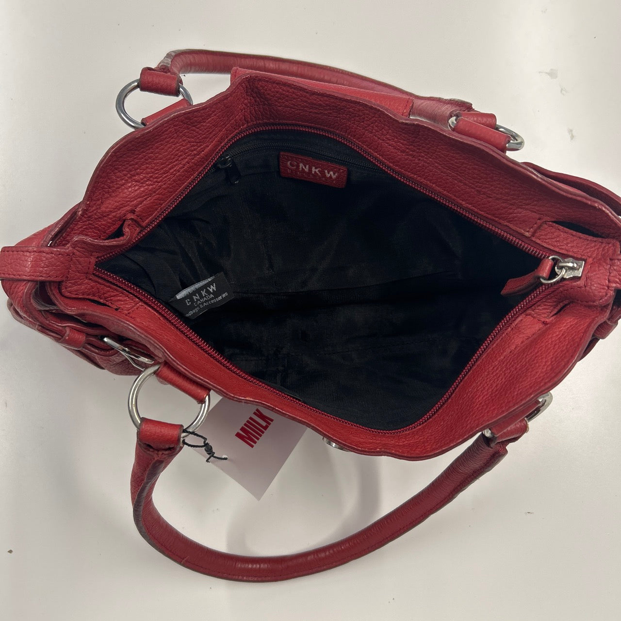 red genuine leather double buckle  shoulder bag