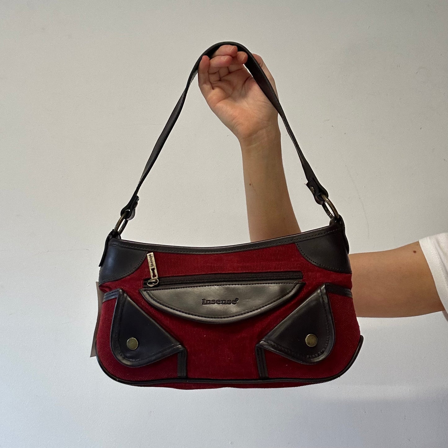 red corduroy faux leather pocket shoulder bag
