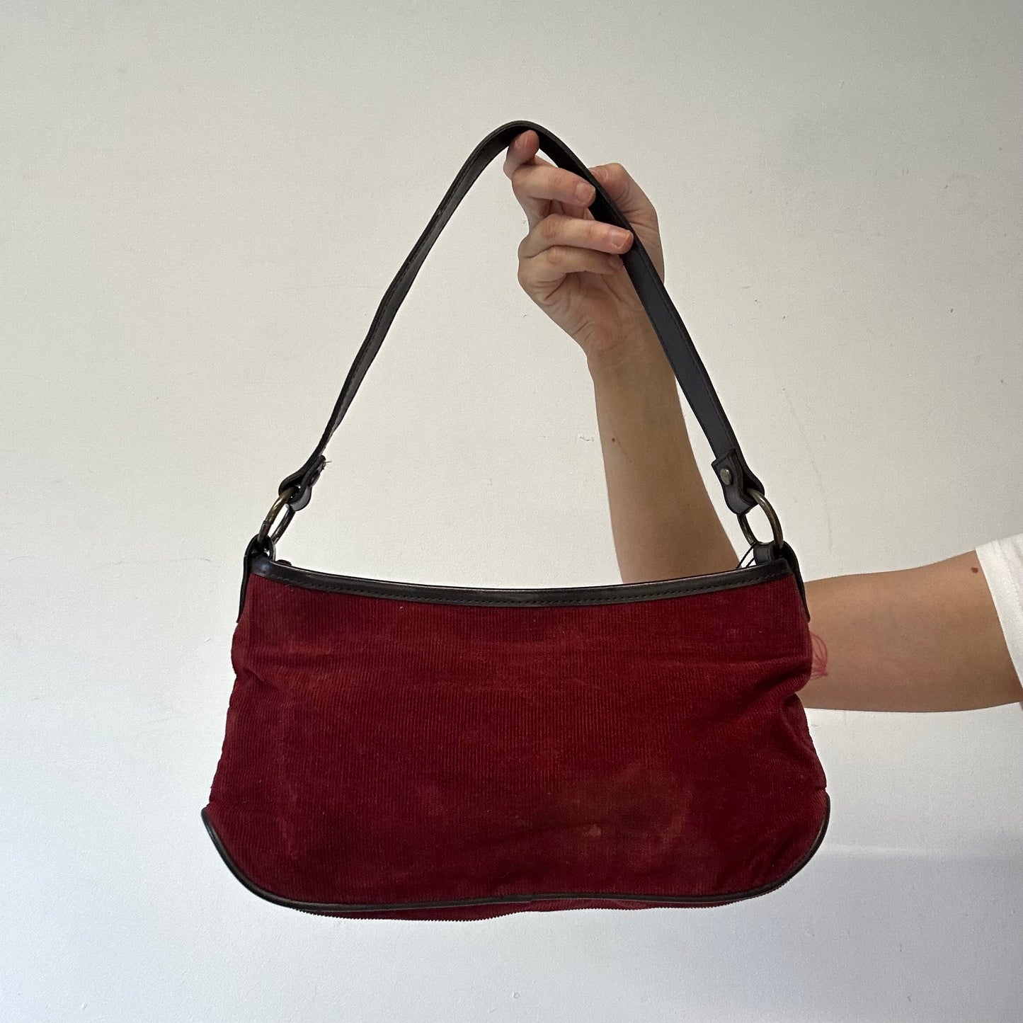red corduroy faux leather pocket shoulder bag