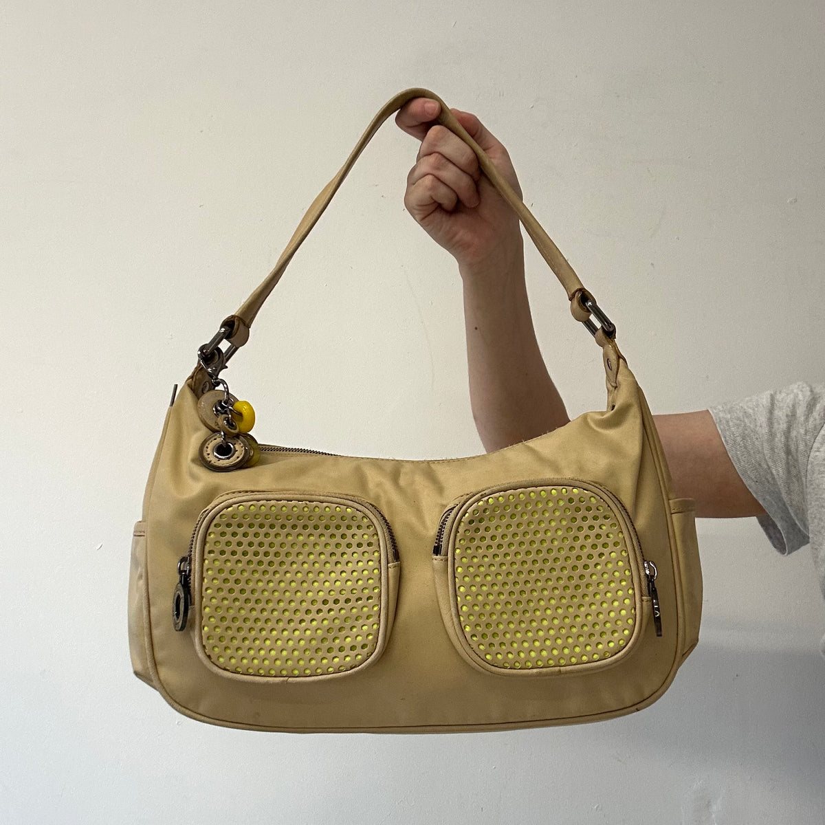 tanned and yellow neon double pocket shoulder bag