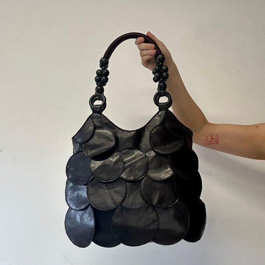 dark brown faux leather disc beaded shoulder bag