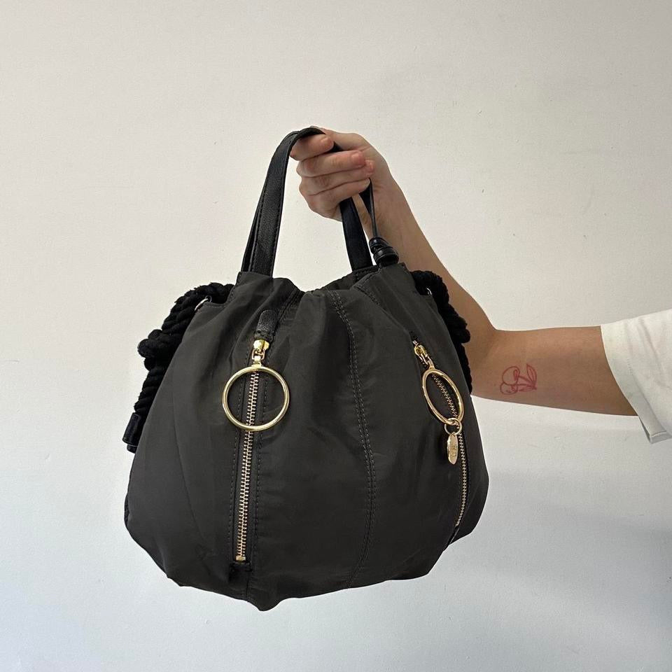 grey double zip drawstring hand bag