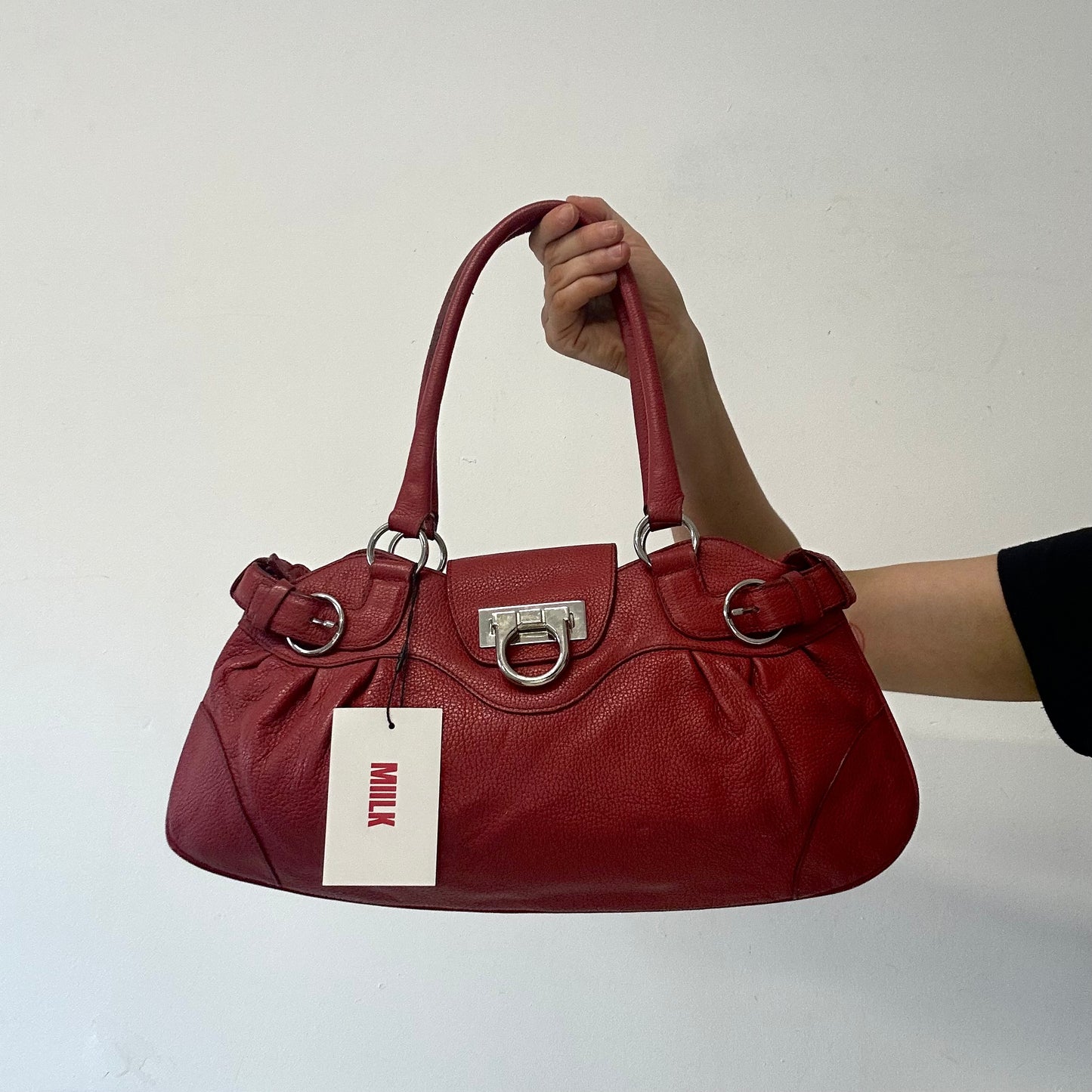 red genuine leather double buckle  shoulder bag