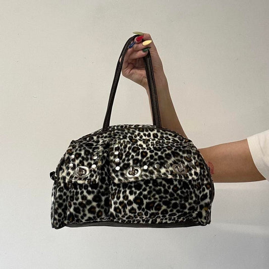 leopard print fleece studded shoulder bag