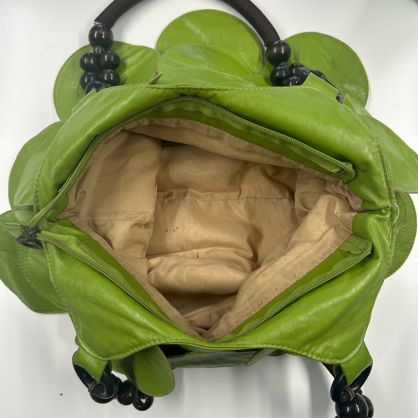 green faux leather disc beaded shoulder bag