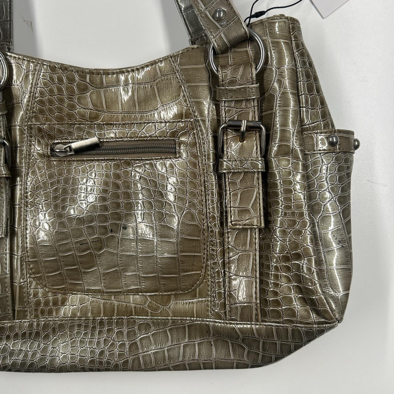 khaki metallic croc effect faux leather shoulder bag